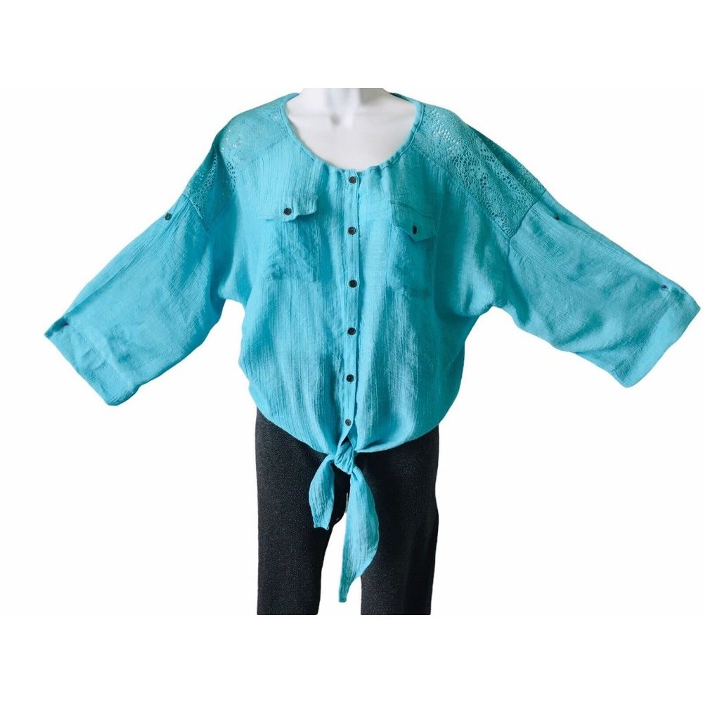 Women's Blouse Aqua Turquoise See Through Lace Back Ties @ Waist  Size Med